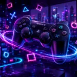Stik controller game dengan efek cahaya neon digital yang melambangkan trik dan kombinasi tombol rahasia PES PS3.
