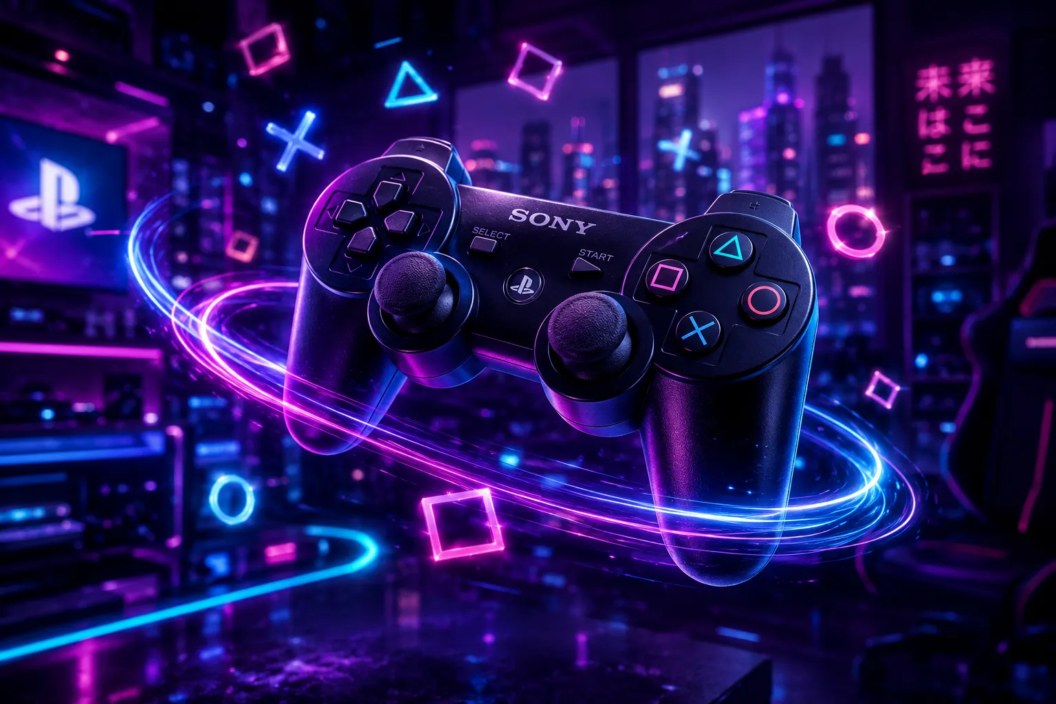 Stik controller game dengan efek cahaya neon digital yang melambangkan trik dan kombinasi tombol rahasia PES PS3.