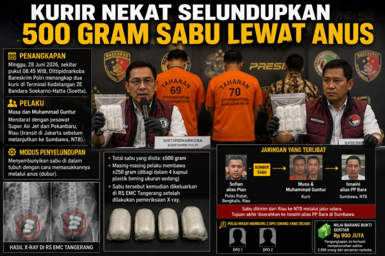Deteksi penyelundupan narkoba jenis sabu menggunakan metode body scanner di bandara.