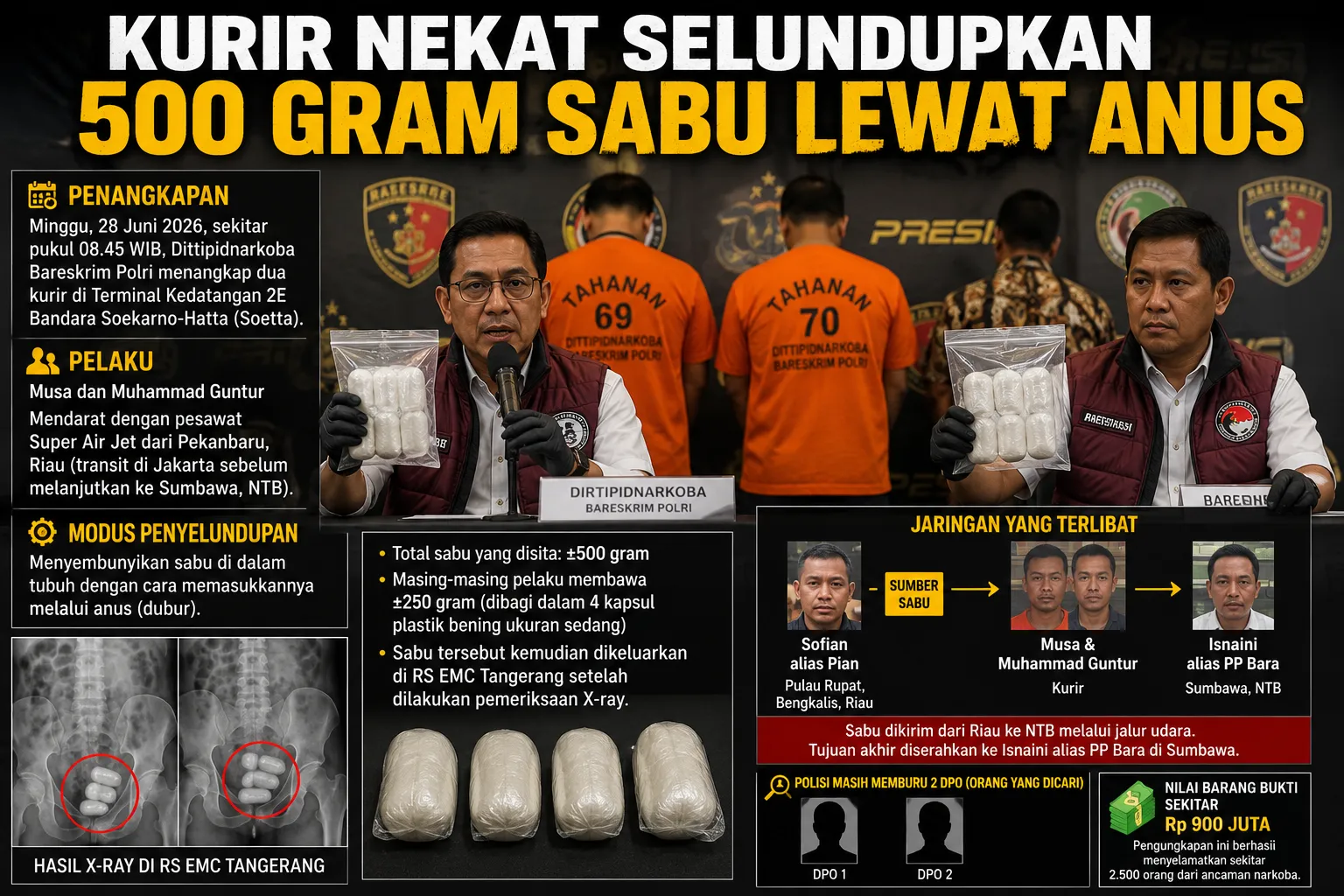 Deteksi penyelundupan narkoba jenis sabu menggunakan metode body scanner di bandara.