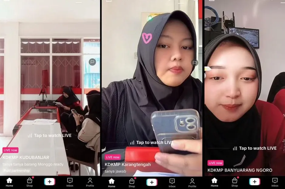 Pegawai Koperasi Desa sedang melakukan siaran langsung di TikTok menggunakan smartphone saat kondisi toko sepi pembeli.