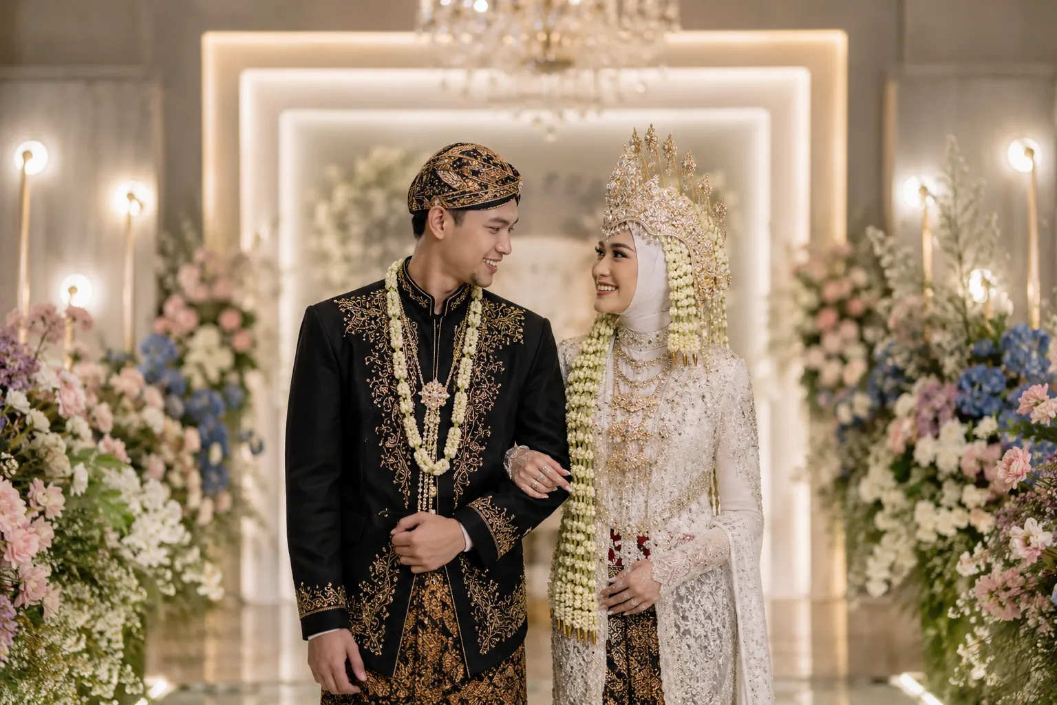 Pasangan pengantin mengenakan perpaduan busana adat Jawa dan Sunda di pelaminan modern minimalis.