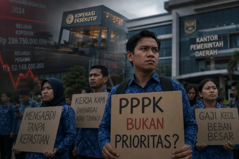 Aksi protes pegawai PPPK di Indonesia yang terancam dirumahkan akibat pergeseran alokasi anggaran daerah.