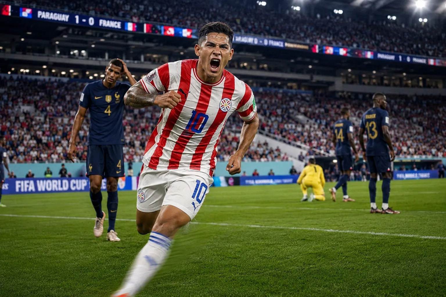 Pemain sepak bola timnas Paraguay sedang menggiring bola saat melawan Prancis di Piala Dunia 2026.