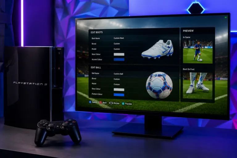 Panduan visual cara pasang boots dan bola baru di PES PS3 secara manual.