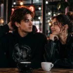 Pasangan zodiak yang cocok untuk Aquarius sedang mengobrol santai di kafe modern.