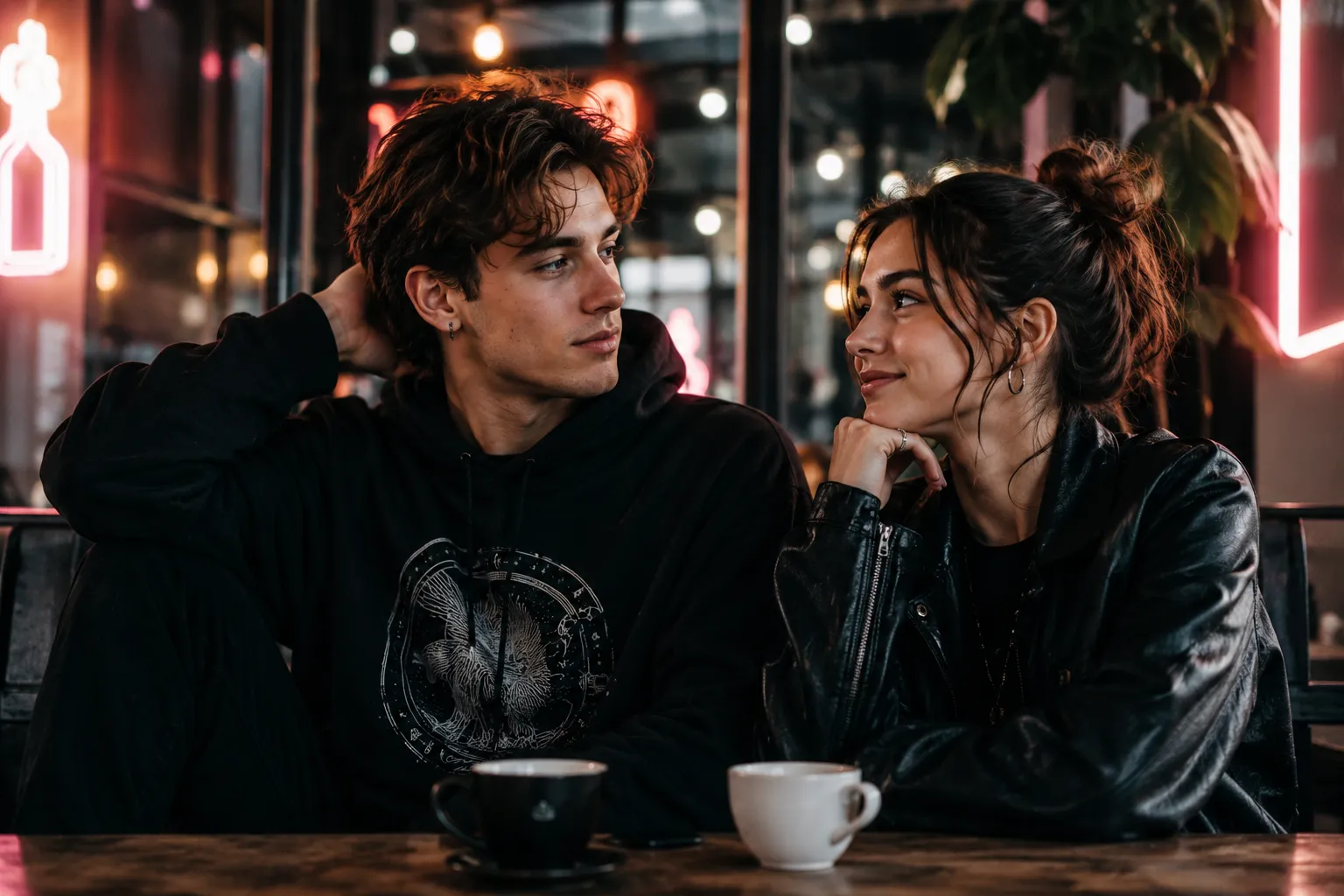 Pasangan zodiak yang cocok untuk Aquarius sedang mengobrol santai di kafe modern.