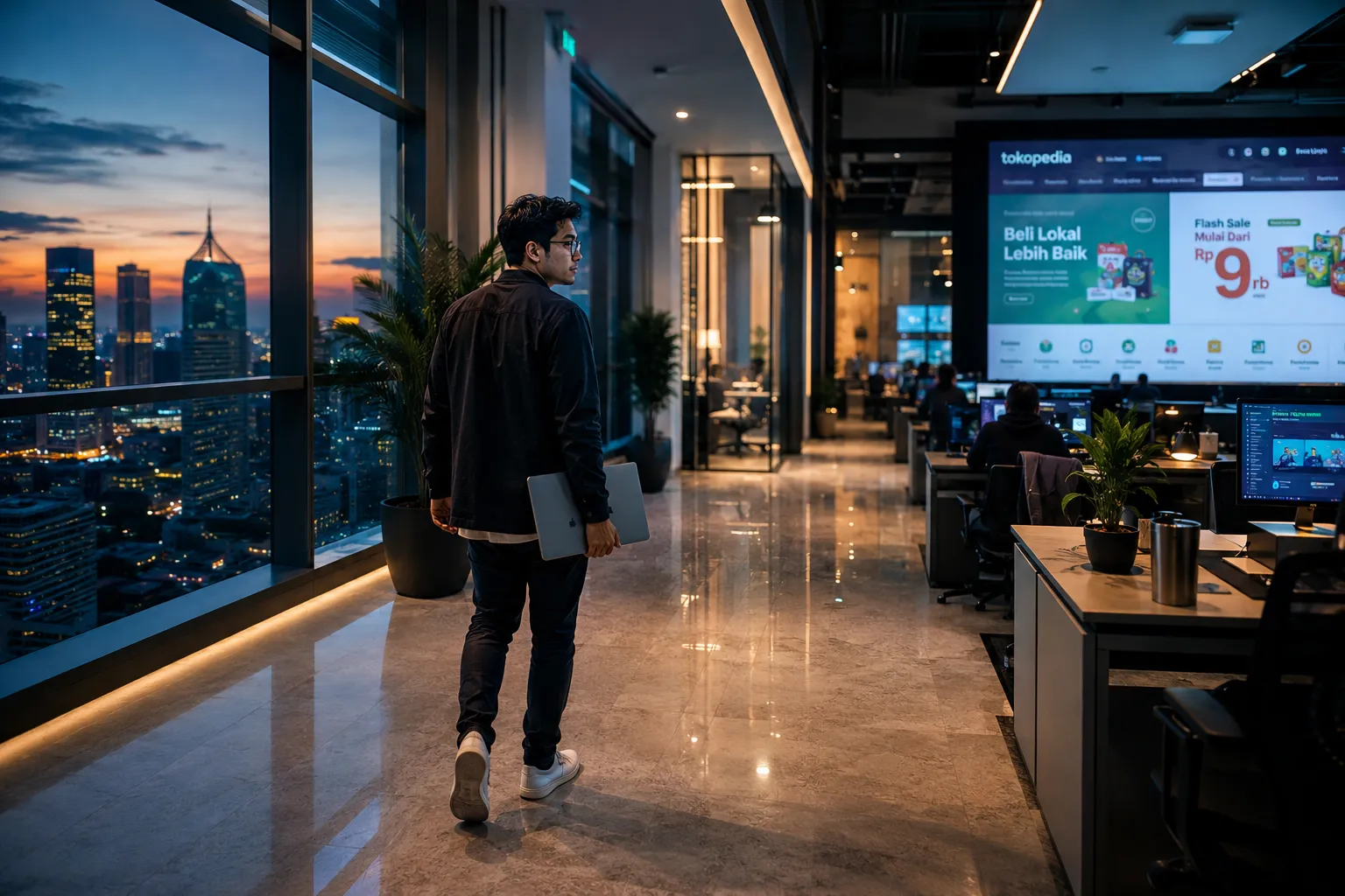 Karyawan berjalan di area kantor teknologi e-commerce saat pengumuman restrukturisasi organisasi TikTok Tokopedia.