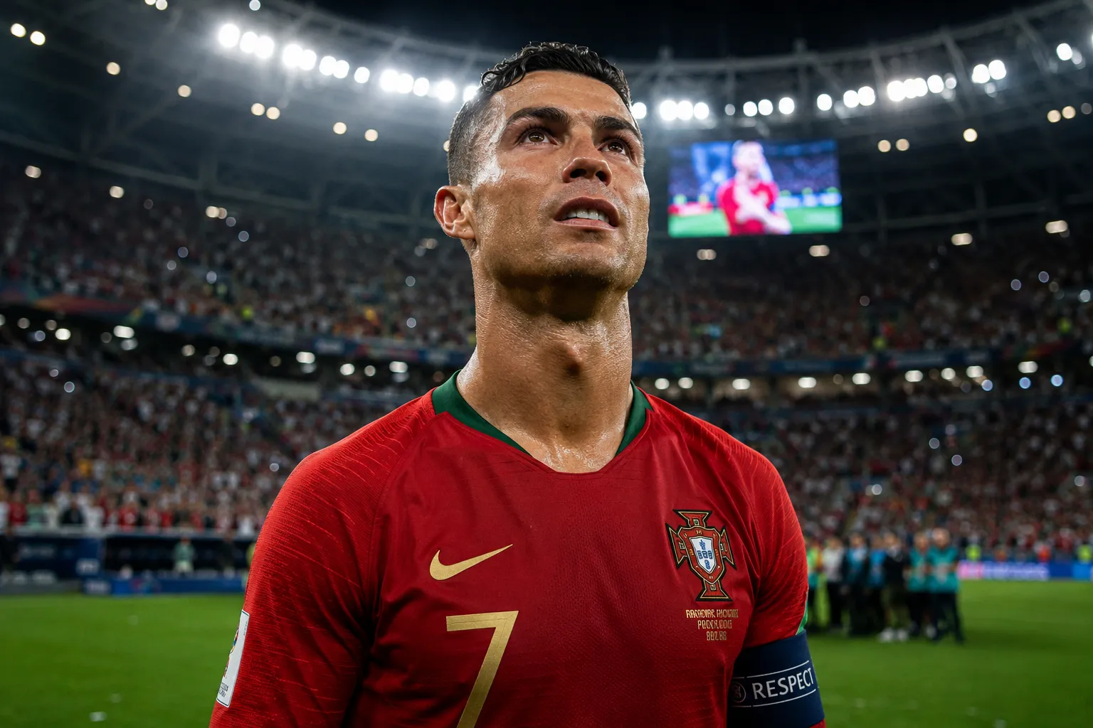 Cristiano Ronaldo mengenakan jersi tim nasional Portugal di stadion Piala Dunia 2026 sebagai tanda turnamen terakhirnya.