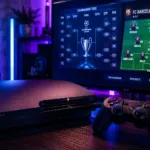 Tampilan layar pengaturan formasi dan struktur liga sepak bola pada konsol PlayStation 3 di dalam ruang gaming modern.