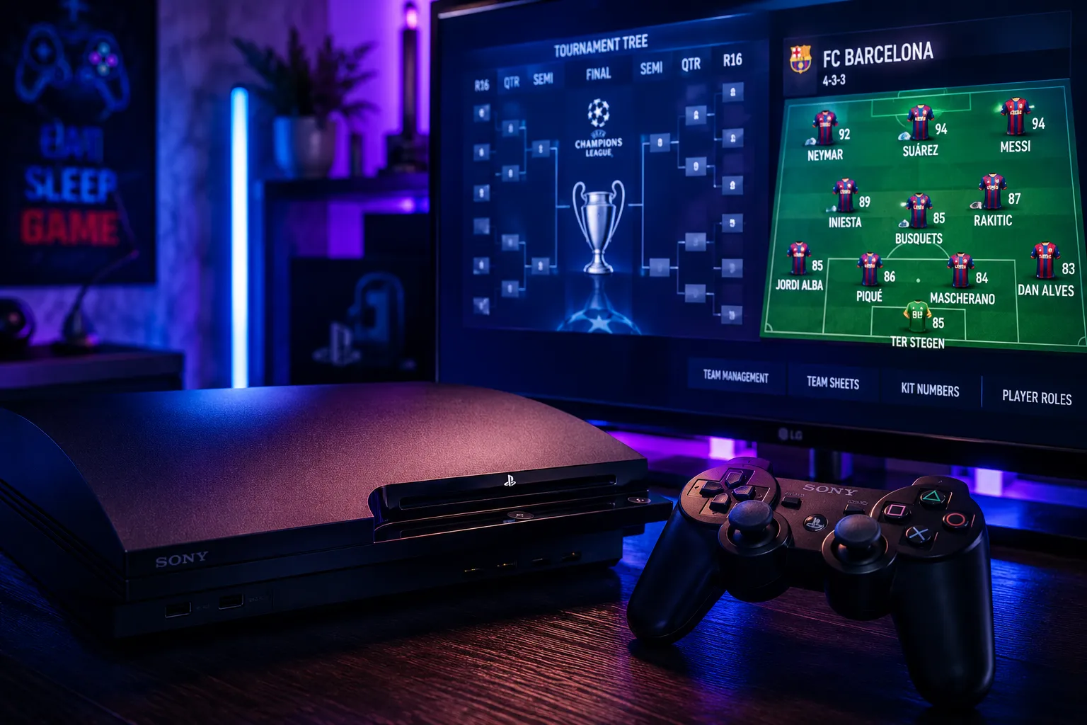 Tampilan layar pengaturan formasi dan struktur liga sepak bola pada konsol PlayStation 3 di dalam ruang gaming modern.