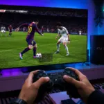 Visualisasi gameplay trik dribble dan skill move legendaris pada permainan sepak bola PES PS3 dalam ruangan gaming modern.