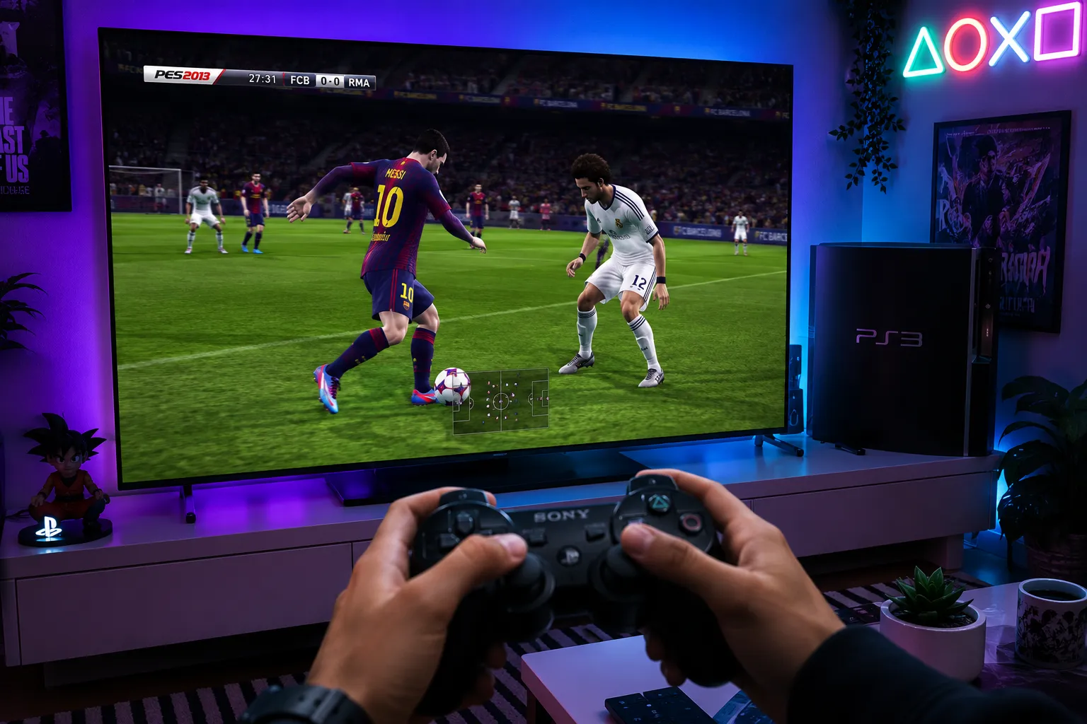 Visualisasi gameplay trik dribble dan skill move legendaris pada permainan sepak bola PES PS3 dalam ruangan gaming modern.