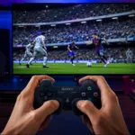 Dua pemain sepak bola di layar televisi sedang melakukan teknik trik one-two pass PES PS3 untuk melewati pemain bertahan lawan.