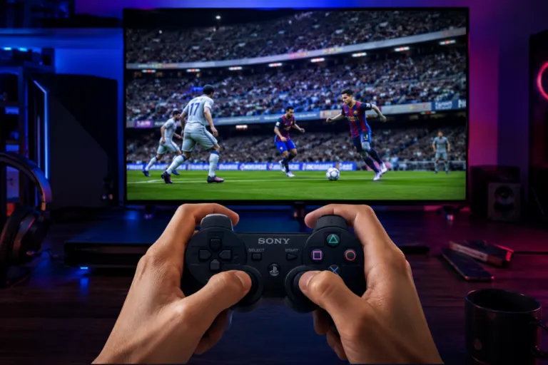 Dua pemain sepak bola di layar televisi sedang melakukan teknik trik one-two pass PES PS3 untuk melewati pemain bertahan lawan.
