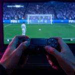 Ilustrasi stik kontroler game dengan latar belakang layar monitor yang menampilkan pertandingan sepak bola virtual saat tendangan penalti untuk trik penalti PES PS3.