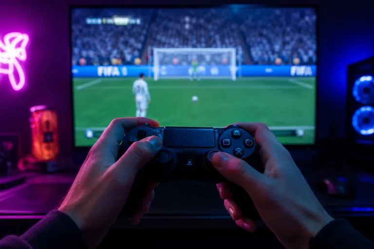 Ilustrasi stik kontroler game dengan latar belakang layar monitor yang menampilkan pertandingan sepak bola virtual saat tendangan penalti untuk trik penalti PES PS3.