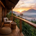 Pemandangan kamar penginapan estetik dengan latar belakang panorama alam Kawah Ijen yang berkabut saat matahari terbit.