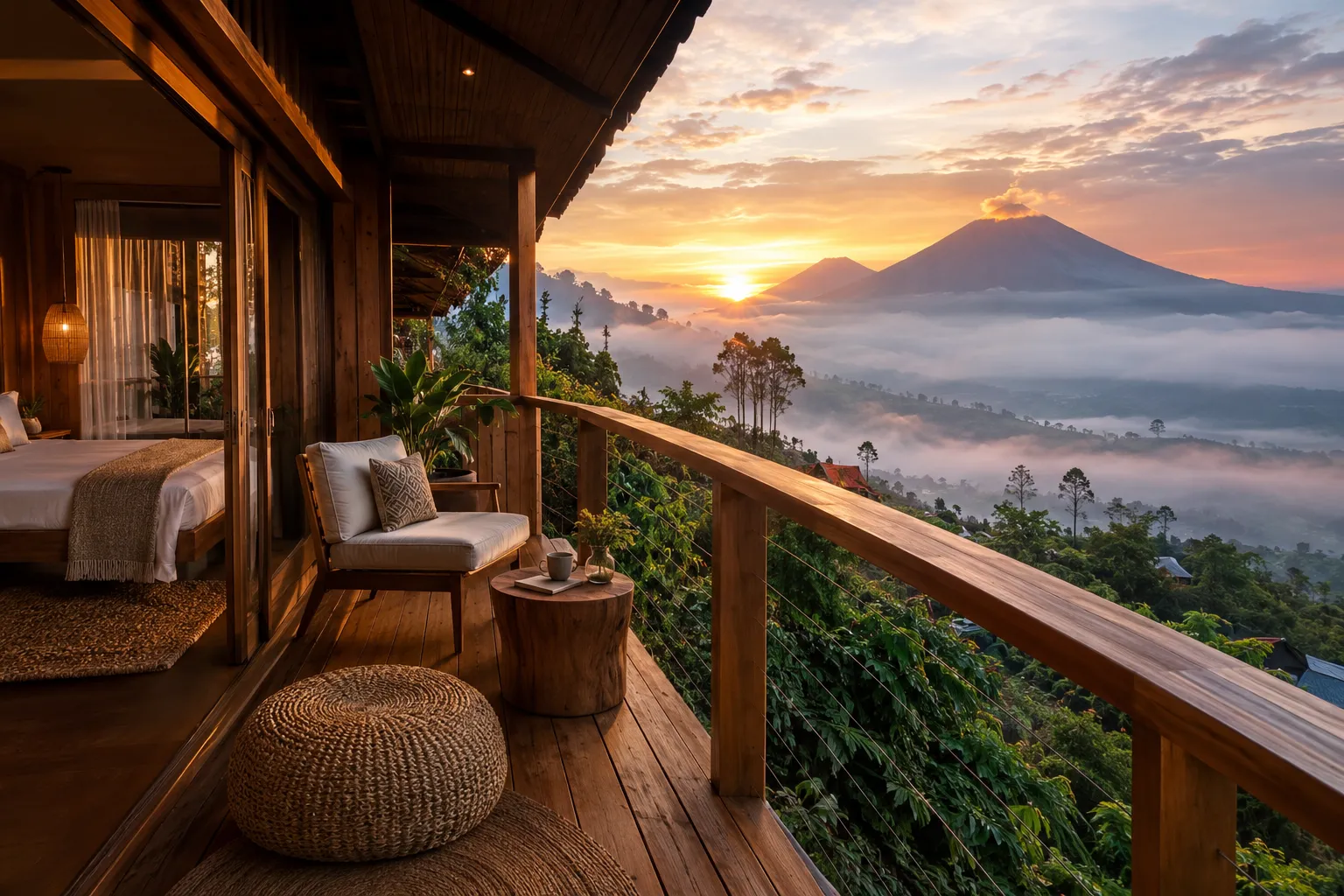 Pemandangan kamar penginapan estetik dengan latar belakang panorama alam Kawah Ijen yang berkabut saat matahari terbit.