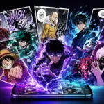 Karakter komik aksi fantasi dan manhwa populer muncul dari layar smartphone dengan efek visual neon.