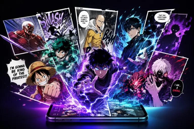 Karakter komik aksi fantasi dan manhwa populer muncul dari layar smartphone dengan efek visual neon.