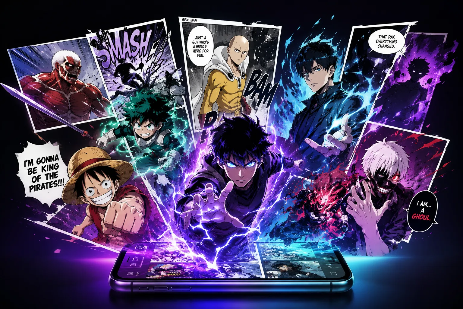 Karakter komik aksi fantasi dan manhwa populer muncul dari layar smartphone dengan efek visual neon.