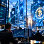 Pasar kripto institusional dengan grafik blockchain dan perdagangan aset digital di lantai bursa modern.