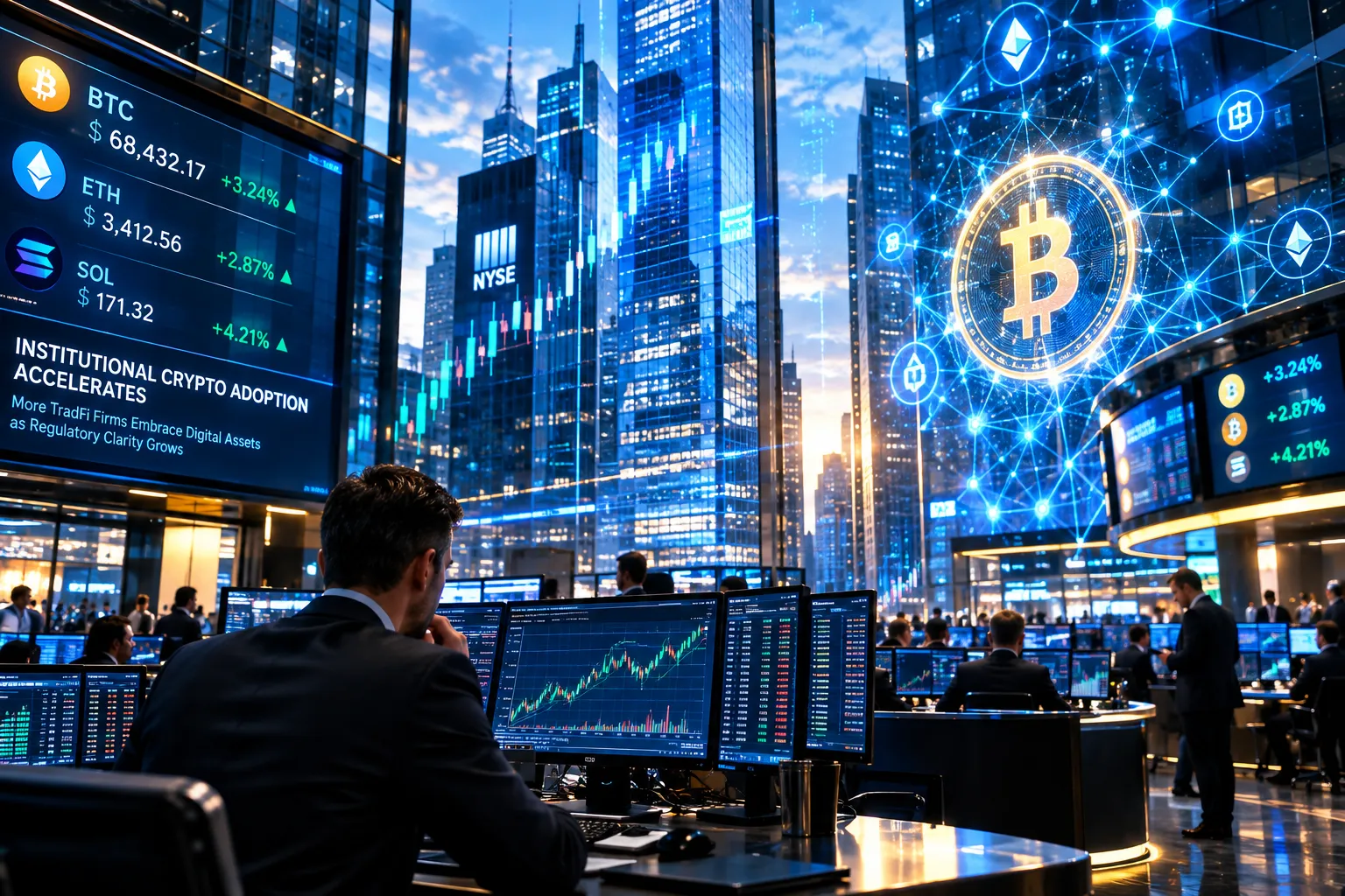 Pasar kripto institusional dengan grafik blockchain dan perdagangan aset digital di lantai bursa modern.