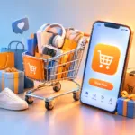 Ilustrasi digital keranjang belanja digital dan smartphone yang menampilkan halaman kode voucher TikTok Shop untuk belanja online.