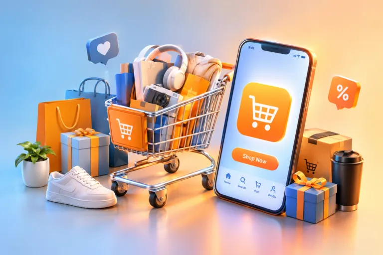 Ilustrasi digital keranjang belanja digital dan smartphone yang menampilkan halaman kode voucher TikTok Shop untuk belanja online.