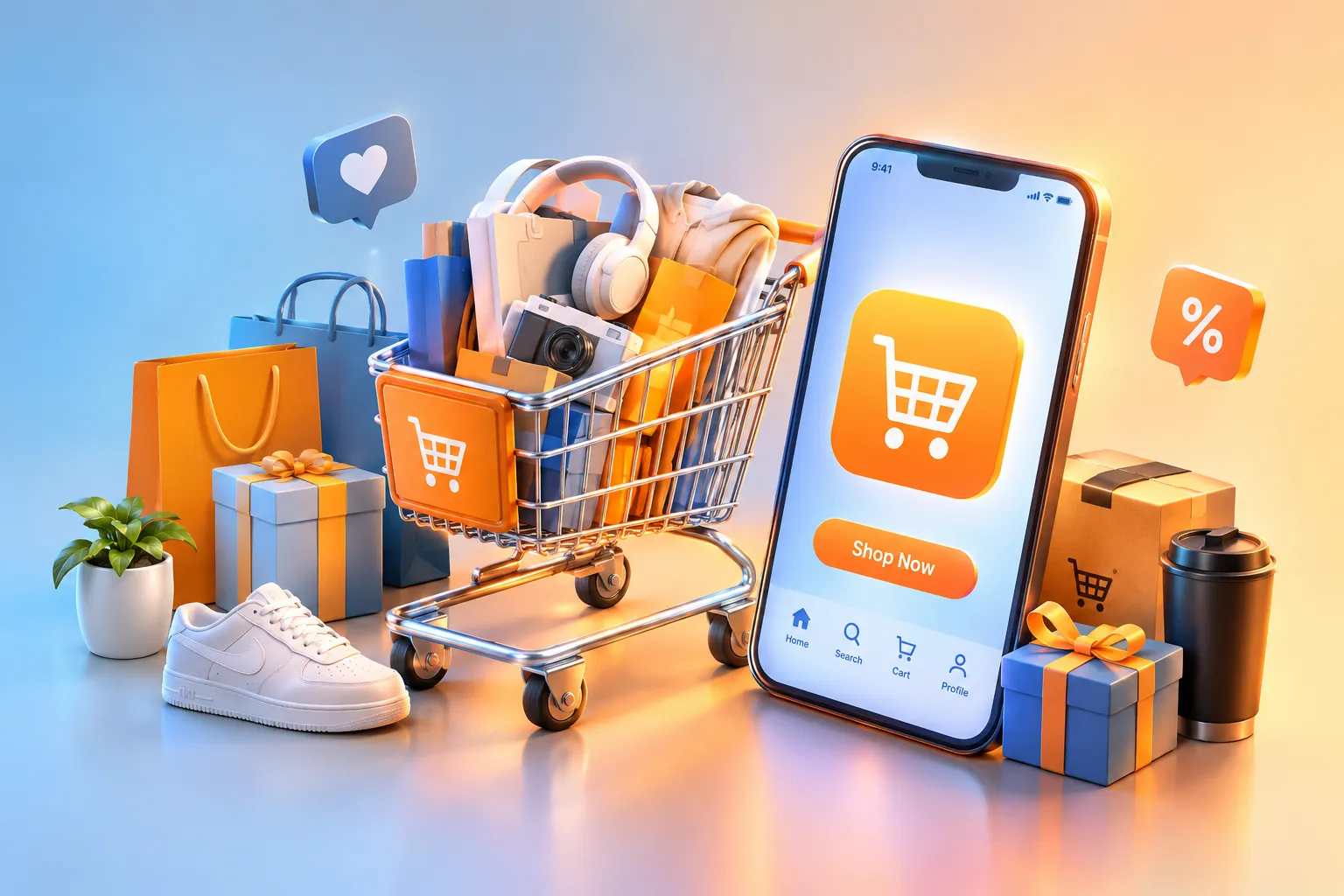 Ilustrasi digital keranjang belanja digital dan smartphone yang menampilkan halaman kode voucher TikTok Shop untuk belanja online.